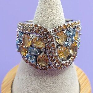 Natural Citrine 5x4mm, Sapphire, Sky Blue Topaz 925 Sterling Silver Ring 7‎